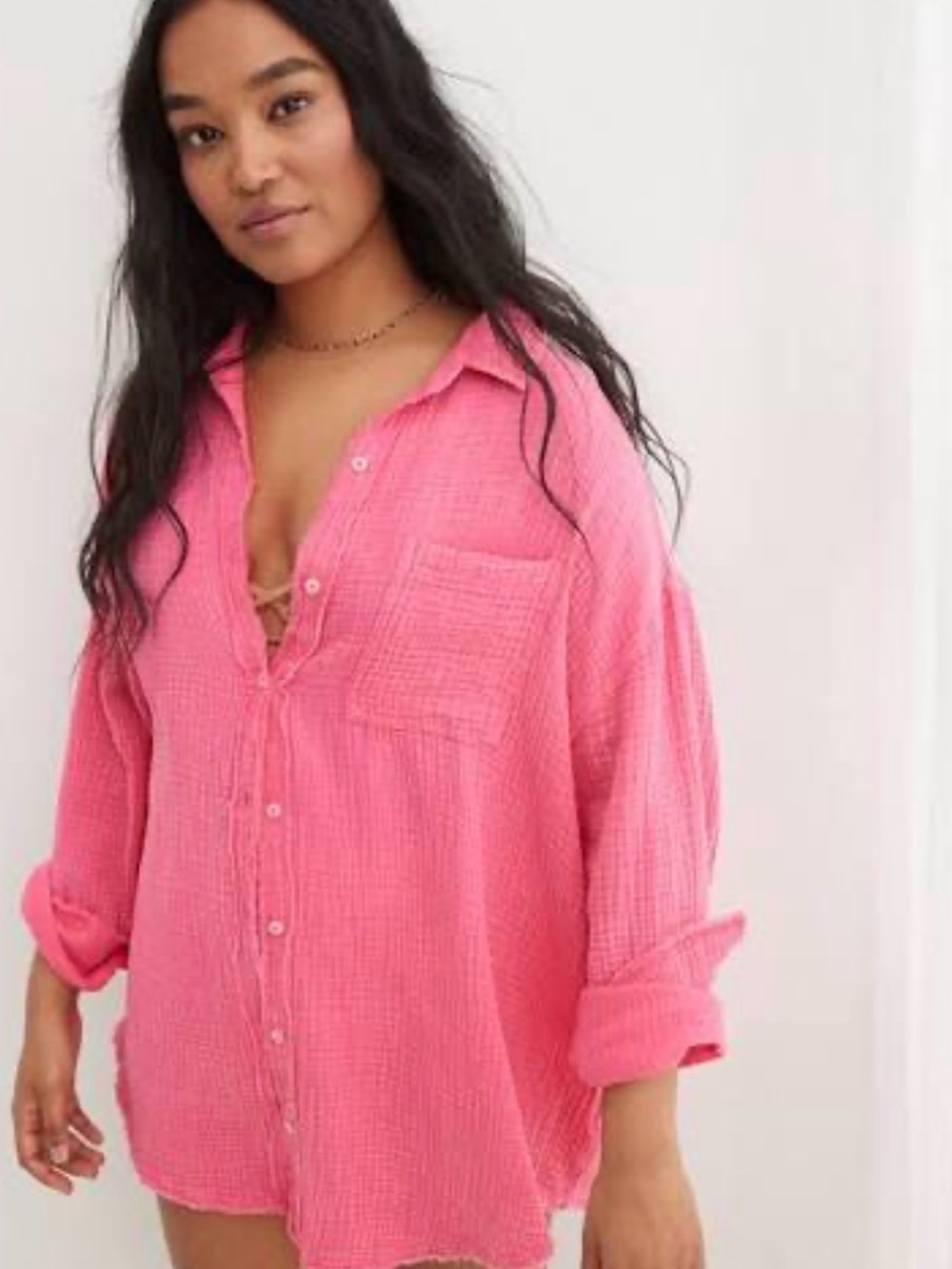 aerie Bubblegum Pink Button-Front Gauze Shirt